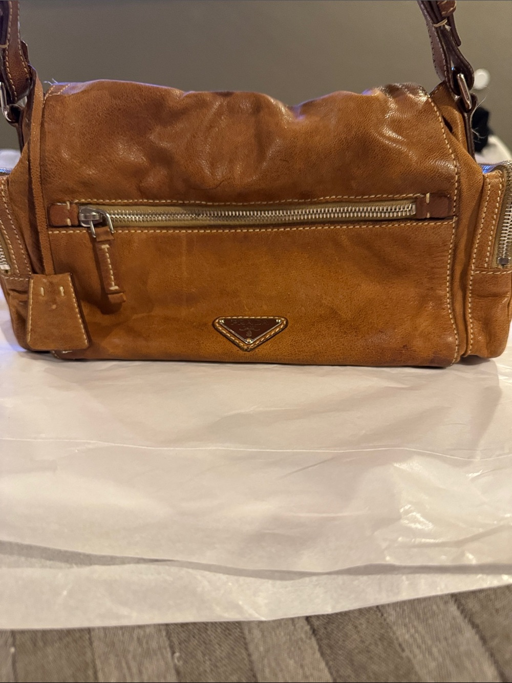 Prada Cognac Brown Leather Shoulder Bag with Front Lock - Picture 9 of 16